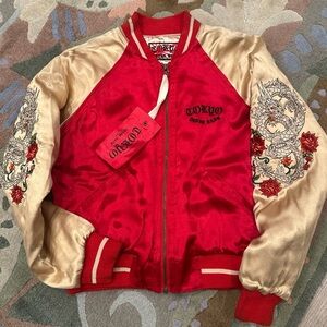 Tokyo Denim Bank Y2K 2000s Vig Varsity Bomber Jacket Embroidered Dragons Sz L